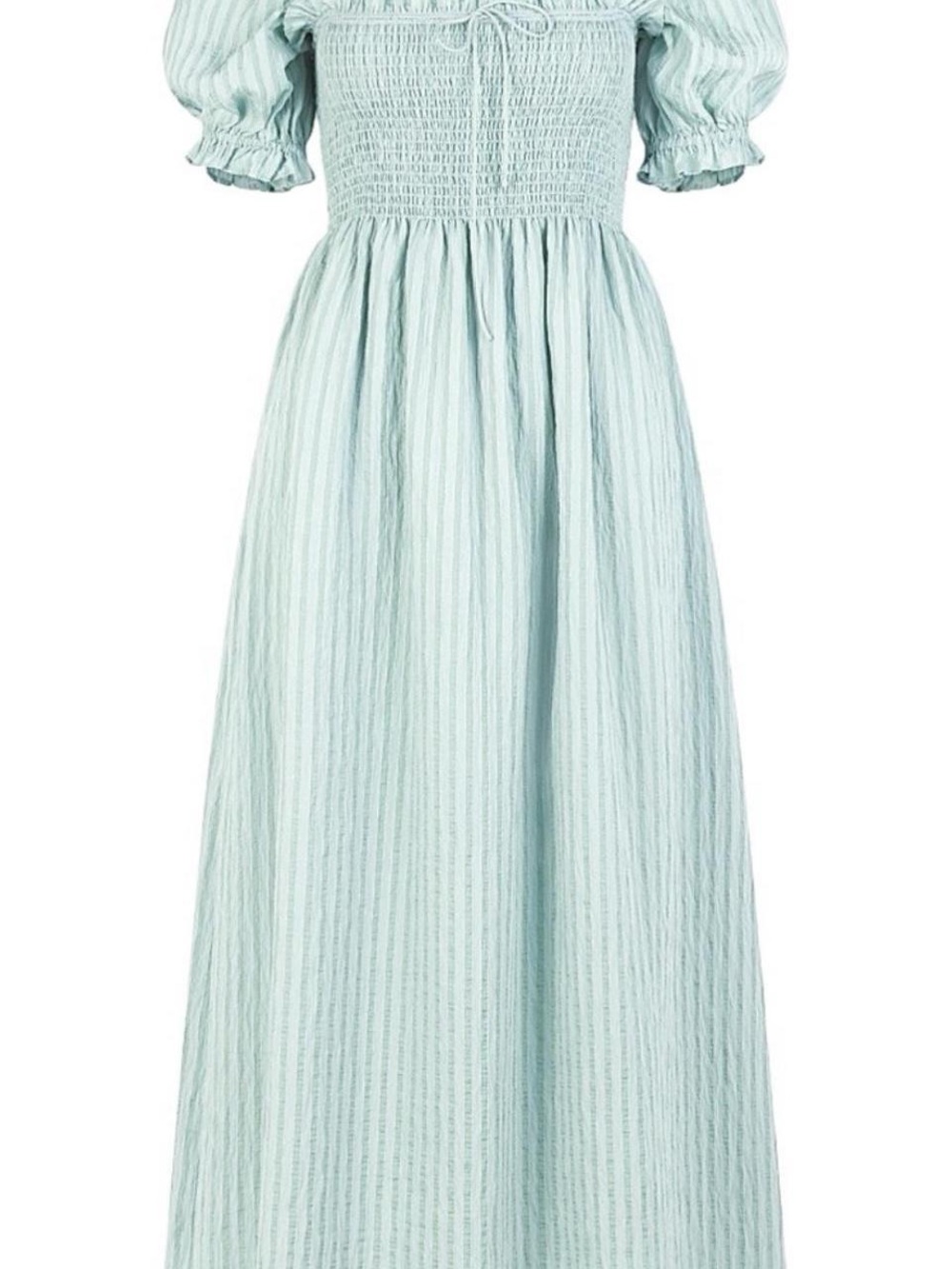 Smocked Sage Green Midi Dress with Puff Sleeves - Picture 2 of 7